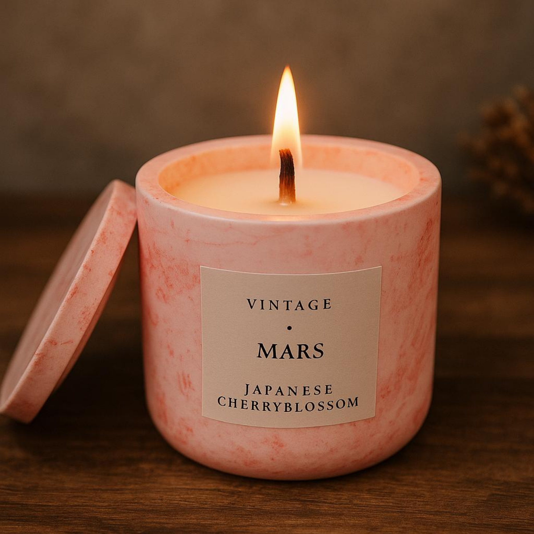 Mars Aromaterapi Mum - Japanese Cherry Blossom Kokulu Beton Ahşap Fitil Mum