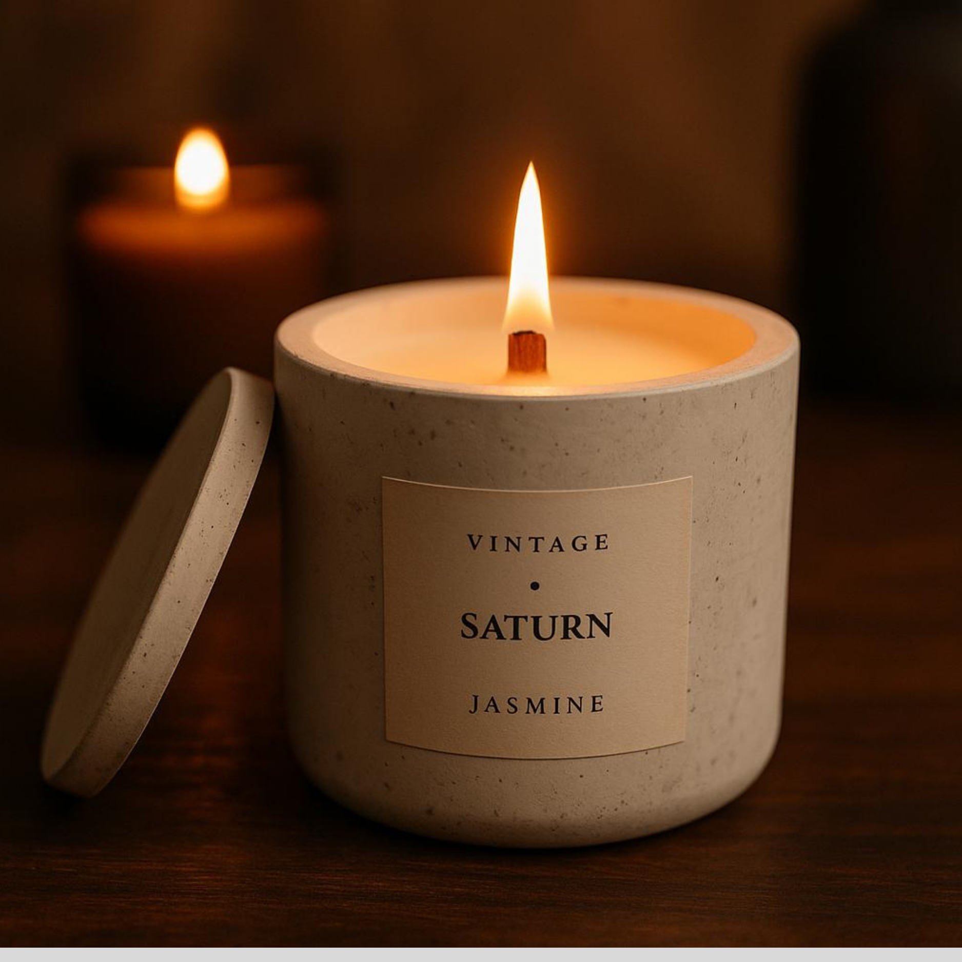 Saturn Aromaterapi Mum - Jasmine Kokulu Beton Ahşap Fitil Mum